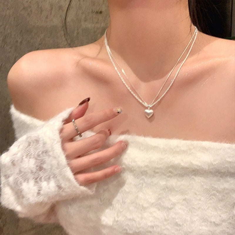 Shimmering Sparkling Double-Layer Brushed Heart Pendant Necklace