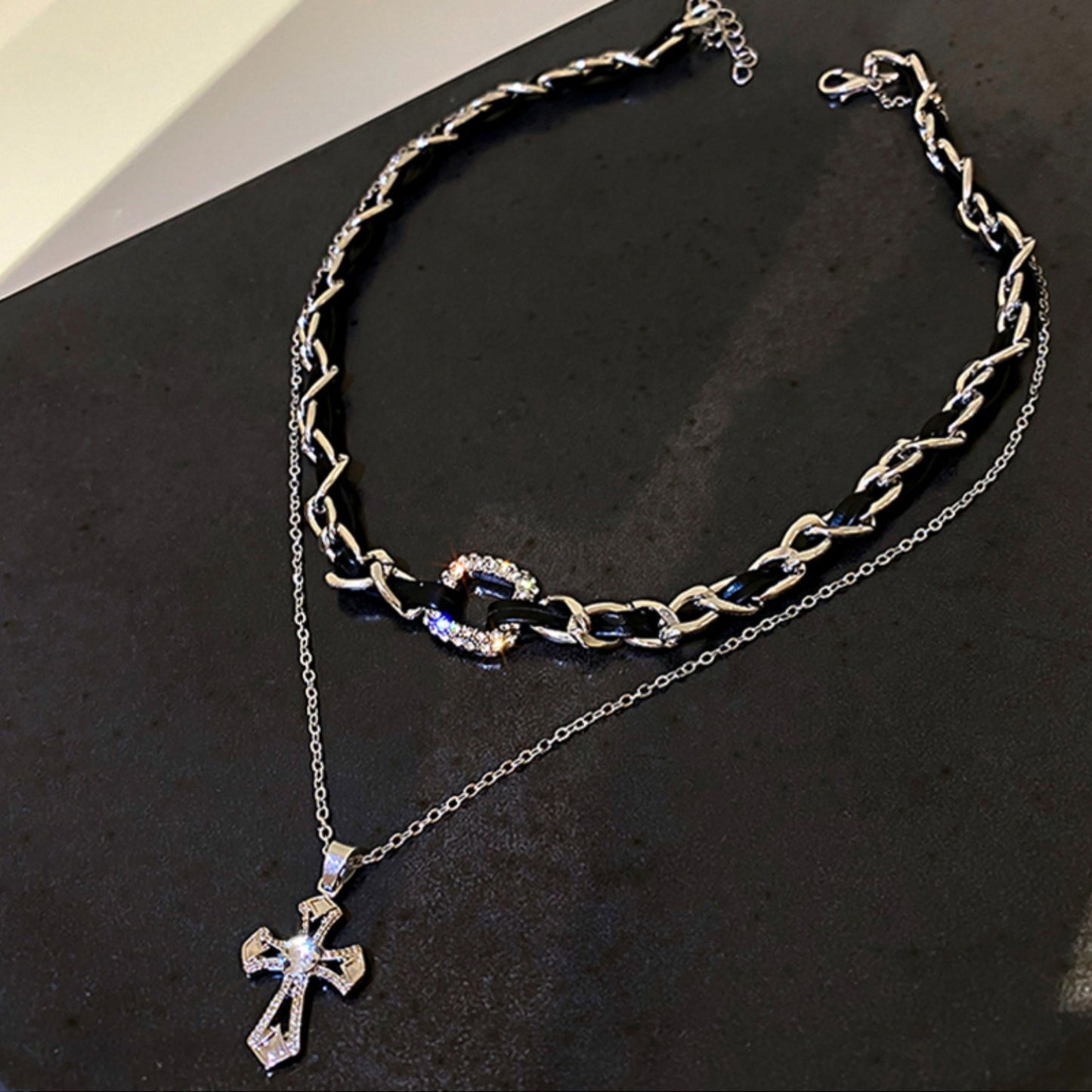 Dark Cross Double Layer Necklace