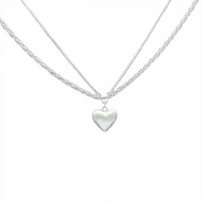 Shimmering Sparkling Double-Layer Brushed Heart Pendant Necklace