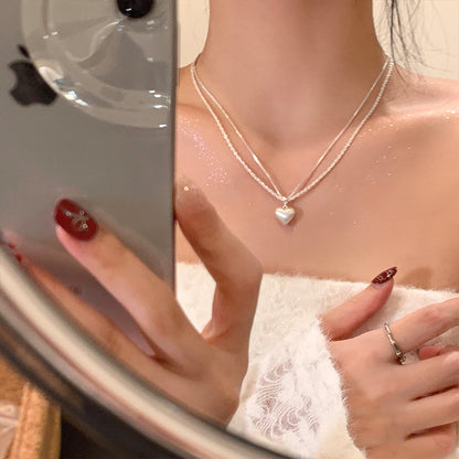 Shimmering Sparkling Double-Layer Brushed Heart Pendant Necklace