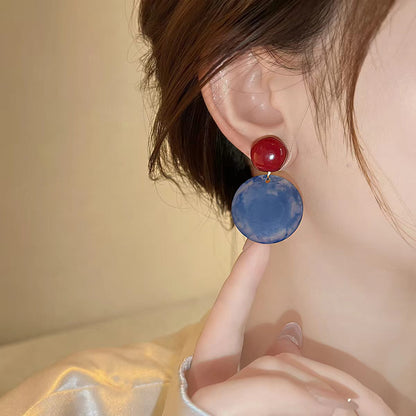 Hong Kong Style Retro Red and Blue Color Block Earrings