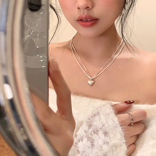 Shimmering Sparkling Double-Layer Brushed Heart Pendant Necklace