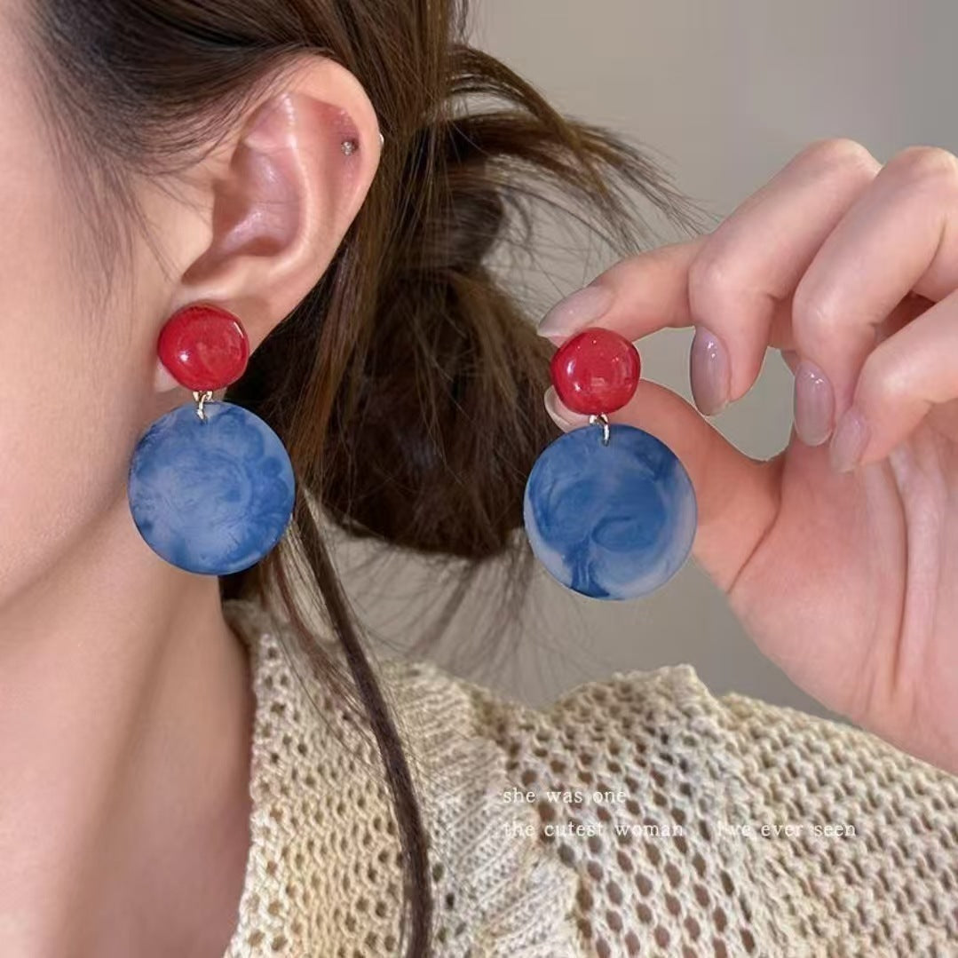 Hong Kong Style Retro Red and Blue Color Block Earrings