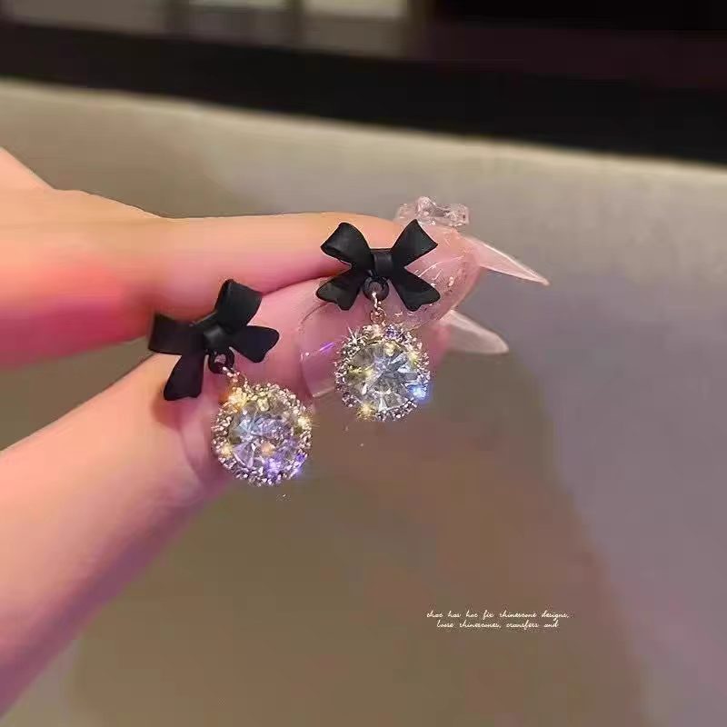 Black Bow Rhinestone Stud Earrings