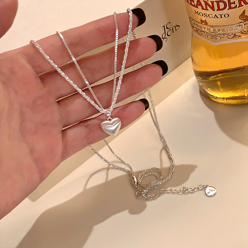 Shimmering Sparkling Double-Layer Brushed Heart Pendant Necklace