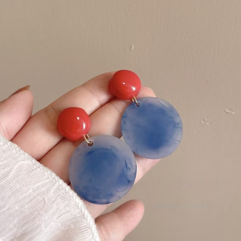 Hong Kong Style Retro Red and Blue Color Block Earrings