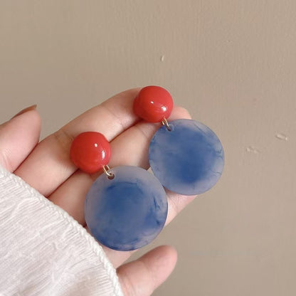 Hong Kong Style Retro Red and Blue Color Block Earrings