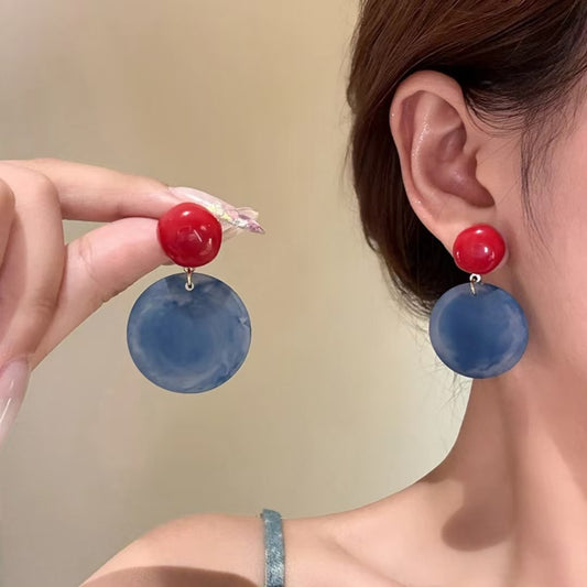 Hong Kong Style Retro Red and Blue Color Block Earrings